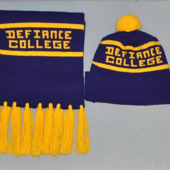 Vintage Defiance College Hat & Scarf Set Retro Purple & Gold Logo Pom-pom Hat - Picture 2 of 7